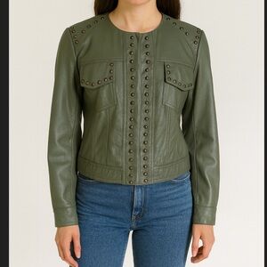 Annarita N Coated Studded Leather Like Jacket Olive 8 Luxury Designer